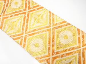 菱に向かい鶴・菊模様織り出し　袋帯